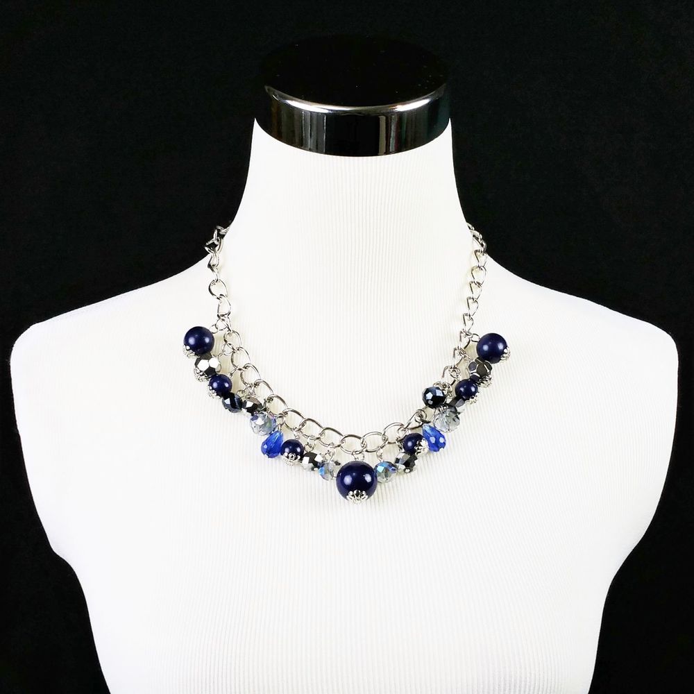 GNW Necklace Blue Beads Strand Statement NEW